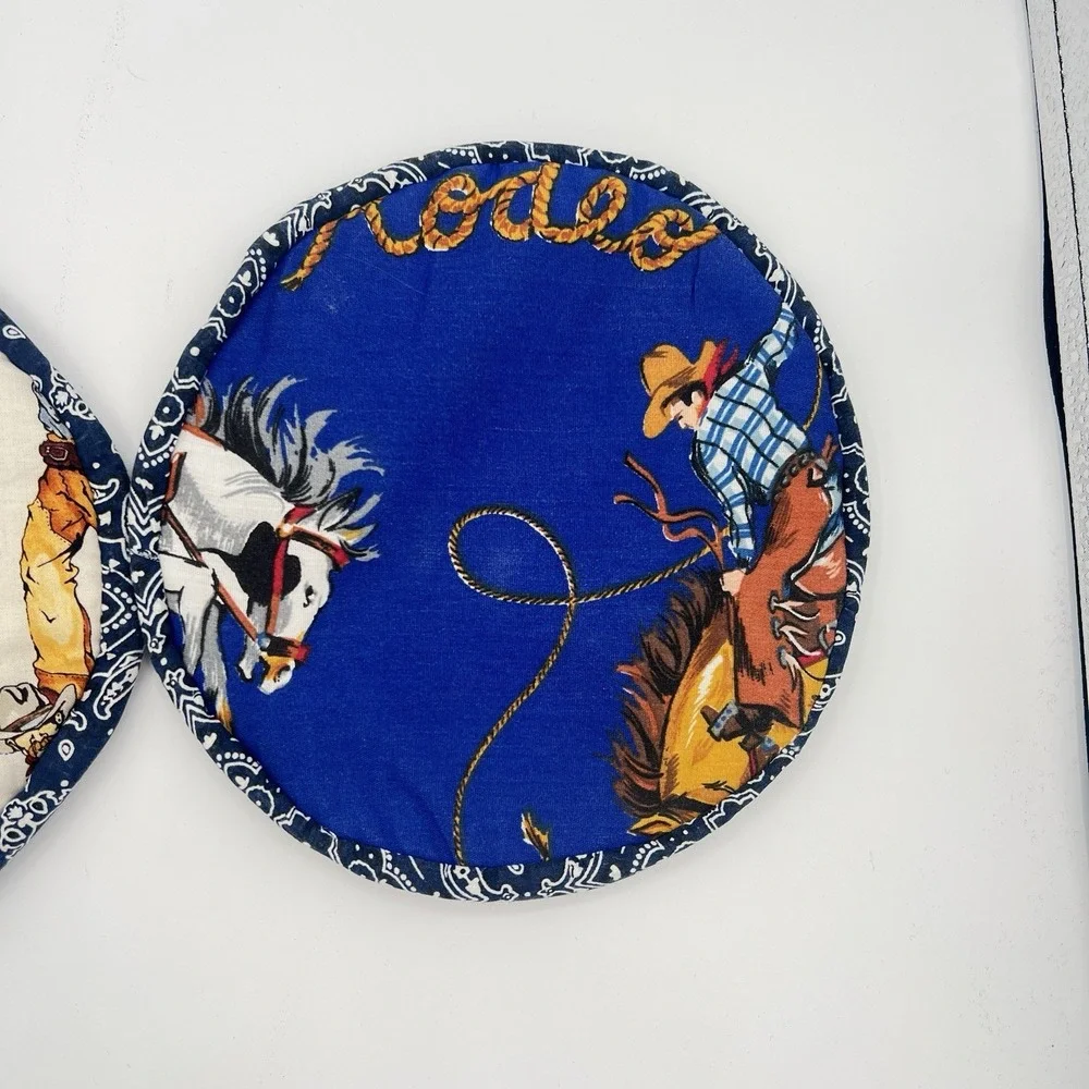 Vintage Handmade Kitchen, hot pads Western Cowboy Print Jean Pockets 8.5